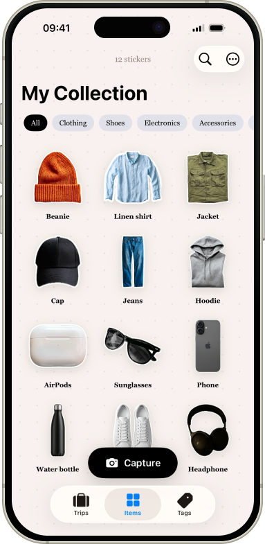 The SnapPack app, showing a trip packed with photo stickers.